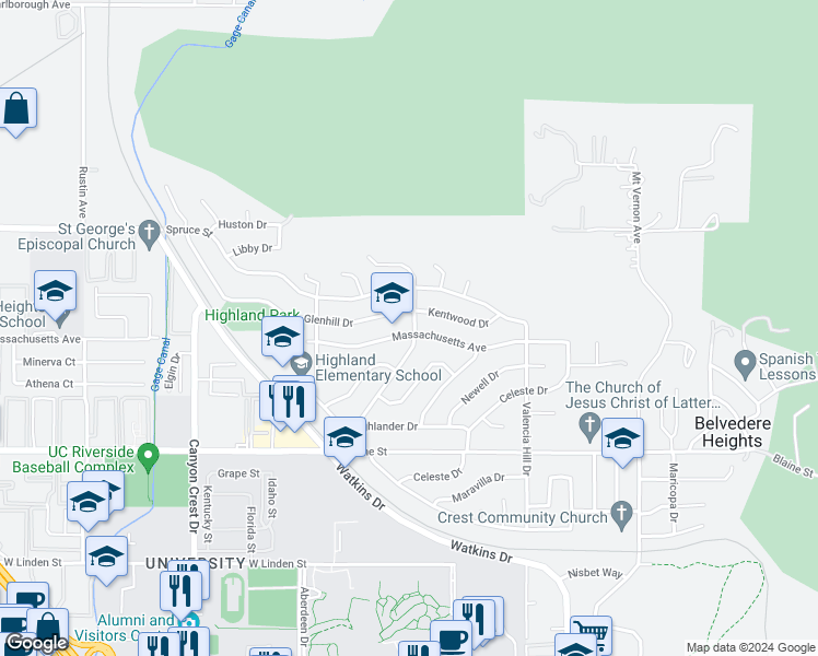 map of restaurants, bars, coffee shops, grocery stores, and more near 513 Massachusetts Avenue in Riverside