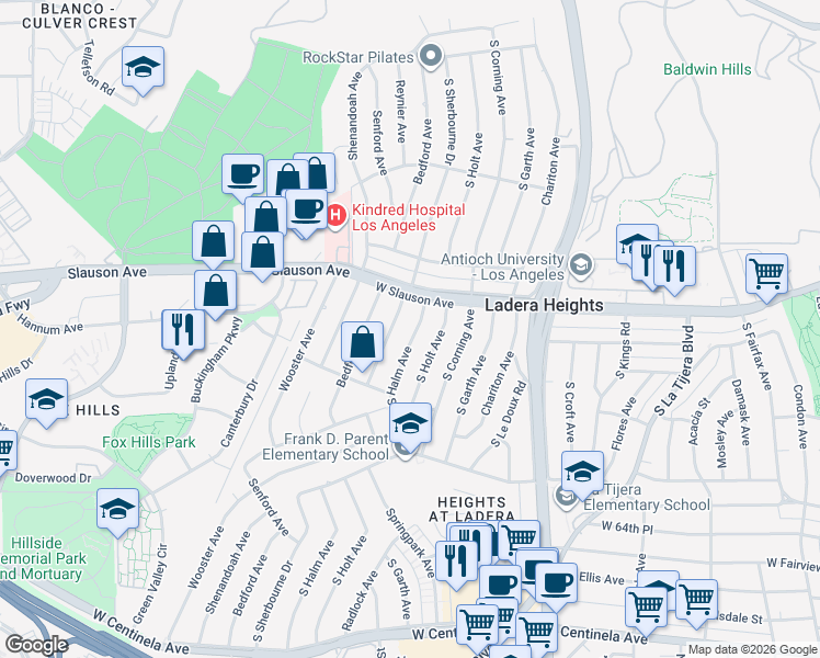 map of restaurants, bars, coffee shops, grocery stores, and more near 5837 South Halm Avenue in Los Angeles