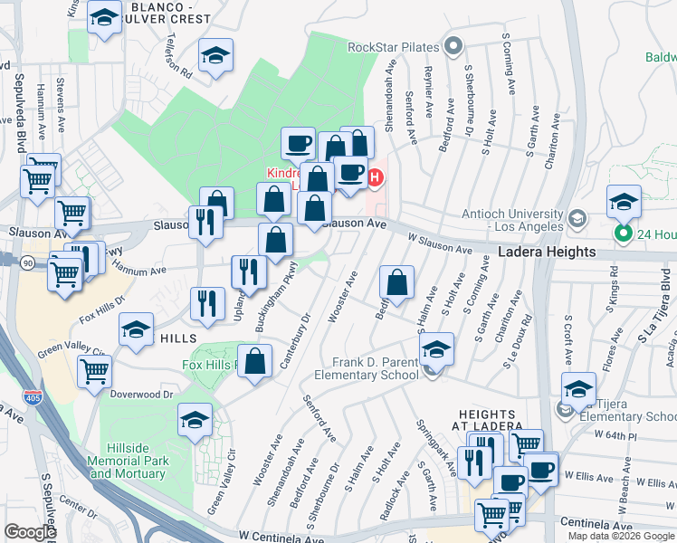 map of restaurants, bars, coffee shops, grocery stores, and more near 6005 Wooster Avenue in Los Angeles
