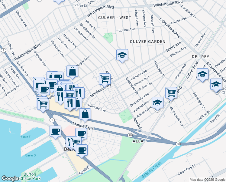 map of restaurants, bars, coffee shops, grocery stores, and more near 13040 Mindanao Way in Marina del Rey