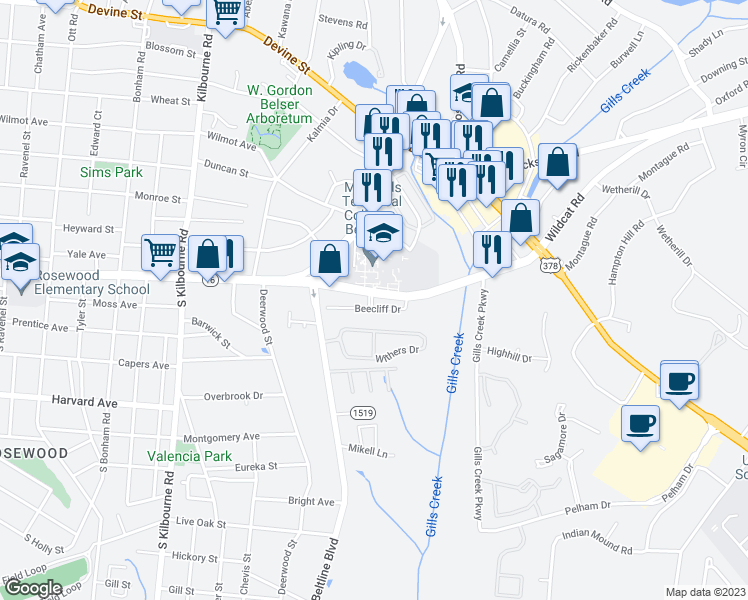 map of restaurants, bars, coffee shops, grocery stores, and more near 200 Rosewood Drive in Columbia