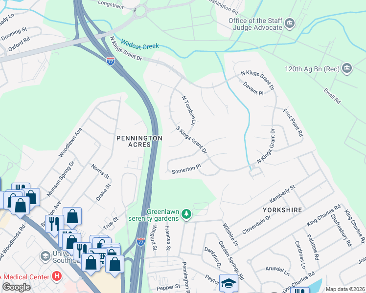 map of restaurants, bars, coffee shops, grocery stores, and more near 9 West Tombee Lane in Columbia