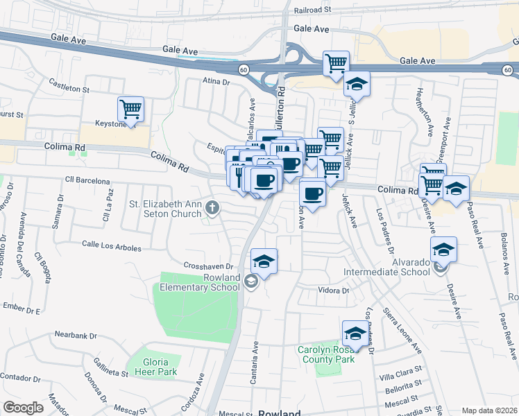 map of restaurants, bars, coffee shops, grocery stores, and more near 1751 Fullerton Road in Rowland Heights