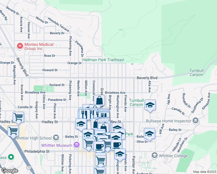 map of restaurants, bars, coffee shops, grocery stores, and more near 6037 Bright Avenue in Whittier