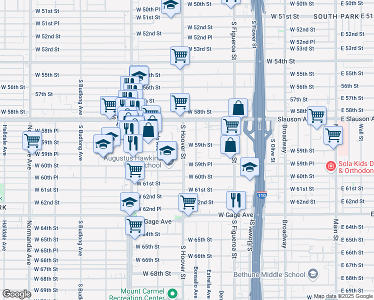 map of restaurants, bars, coffee shops, grocery stores, and more near 5910 South Hoover Street in Los Angeles