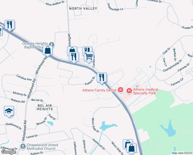 map of restaurants, bars, coffee shops, grocery stores, and more near 105 Putters Drive in Athens