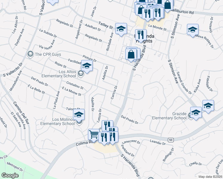 map of restaurants, bars, coffee shops, grocery stores, and more near 15729 Los Altos Drive in Hacienda Heights
