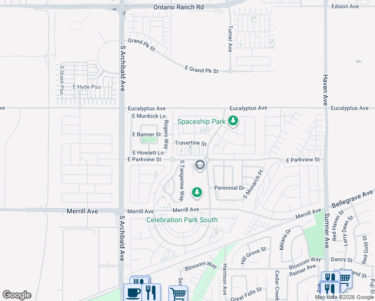 map of restaurants, bars, coffee shops, grocery stores, and more near 4775 South Bresse Paseo in Ontario