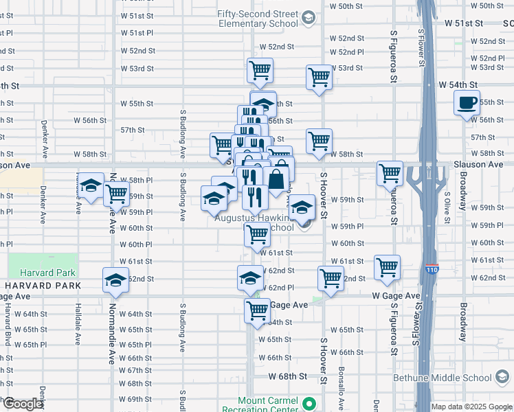 map of restaurants, bars, coffee shops, grocery stores, and more near 5928 South Vermont Avenue in Los Angeles