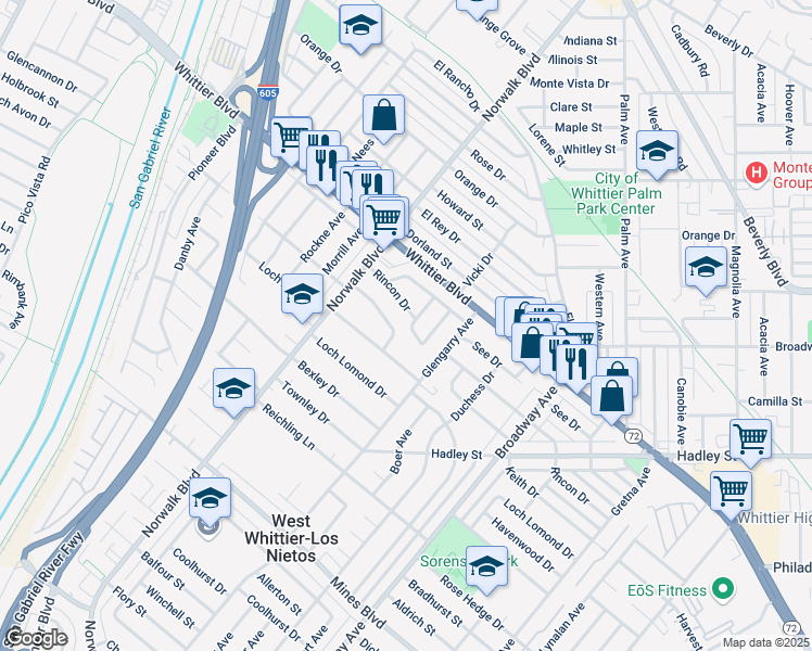 map of restaurants, bars, coffee shops, grocery stores, and more near 11008 Rincon Drive in Whittier
