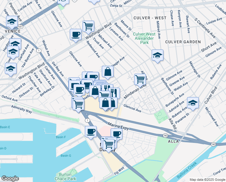 map of restaurants, bars, coffee shops, grocery stores, and more near 13135 Mindanao Way in Marina del Rey