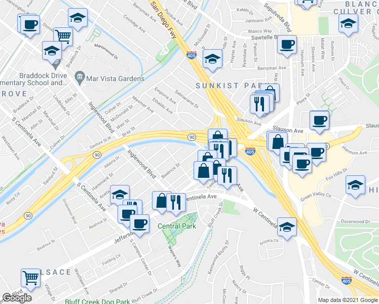 map of restaurants, bars, coffee shops, grocery stores, and more near 11831 Beatrice Street in Culver City