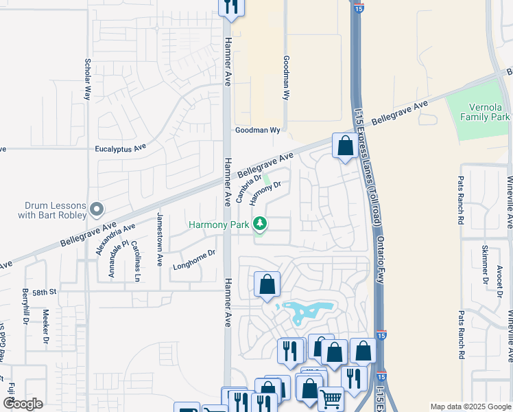 map of restaurants, bars, coffee shops, grocery stores, and more near 5564 Harmony Drive in Eastvale