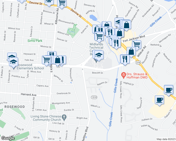 map of restaurants, bars, coffee shops, grocery stores, and more near 4107 Beecliff Drive in Columbia