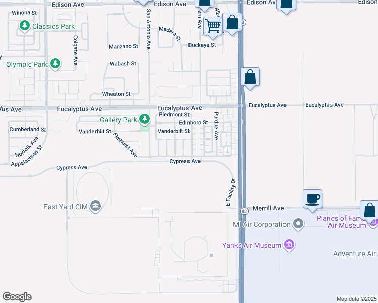 map of restaurants, bars, coffee shops, grocery stores, and more near 14610 Baylor Avenue in Chino