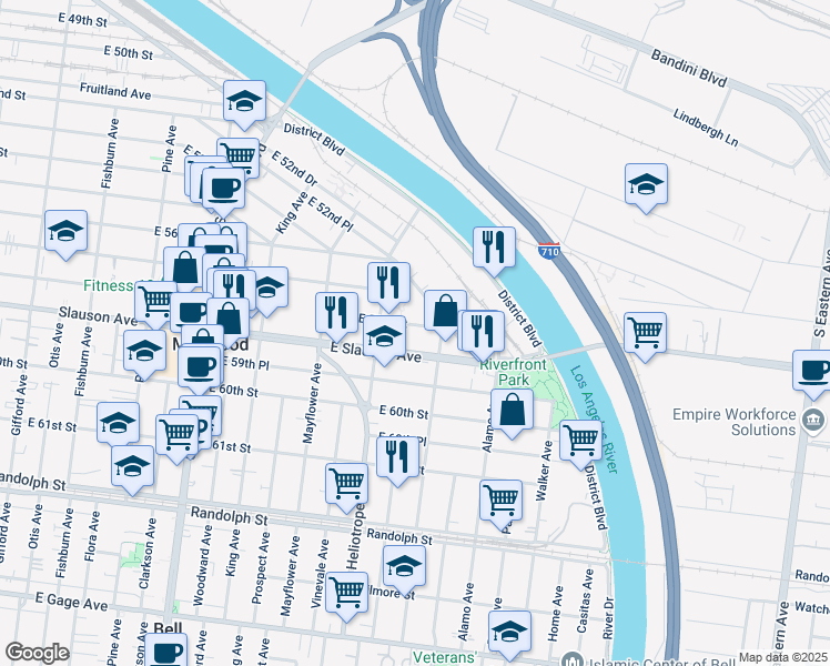 map of restaurants, bars, coffee shops, grocery stores, and more near 4840 E 58th St in Maywood