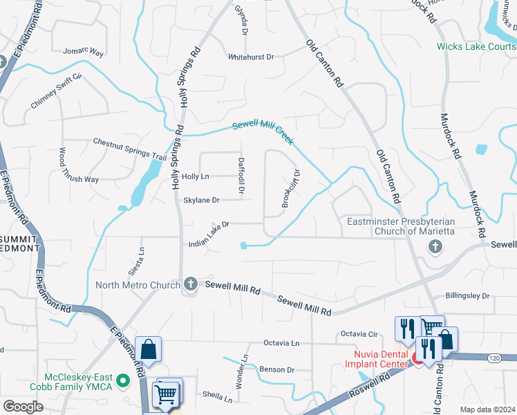 map of restaurants, bars, coffee shops, grocery stores, and more near 1449 Brookcliff Drive in Marietta