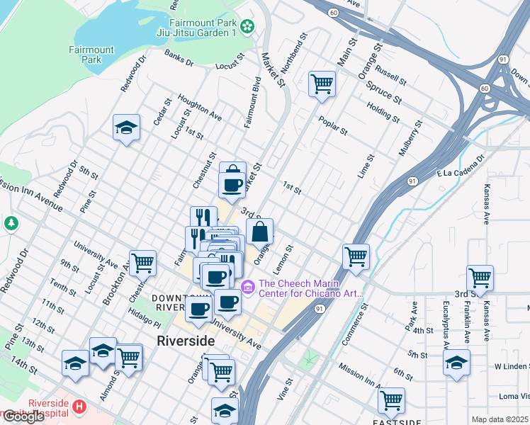 map of restaurants, bars, coffee shops, grocery stores, and more near 3260 Main Street in Riverside
