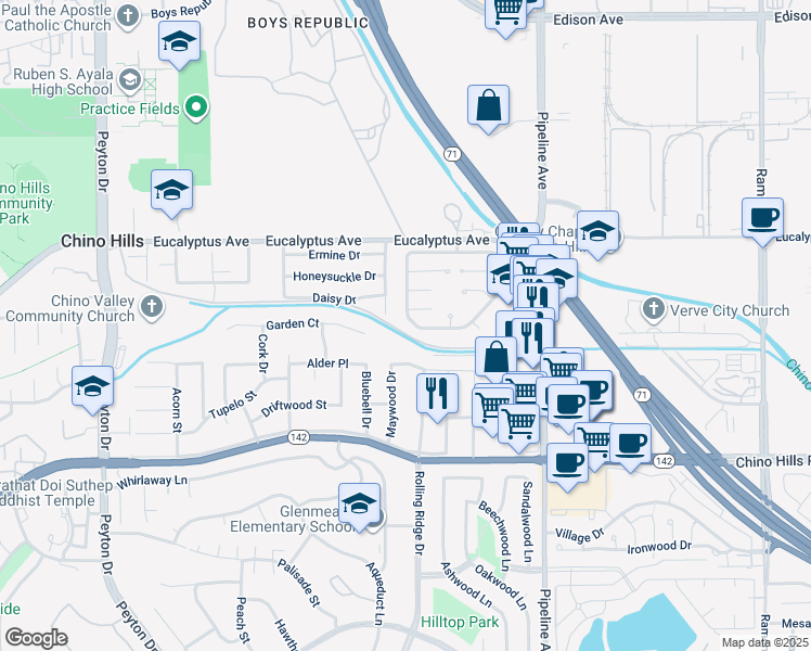 map of restaurants, bars, coffee shops, grocery stores, and more near 3908 Yellowstone Circle in Chino