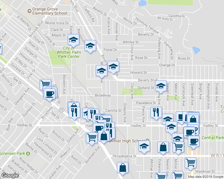 map of restaurants, bars, coffee shops, grocery stores, and more near 6038 Acacia Avenue in Whittier