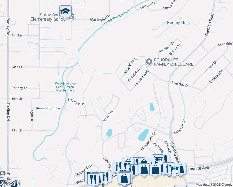 map of restaurants, bars, coffee shops, grocery stores, and more near 5560 Greens Drive in Riverside