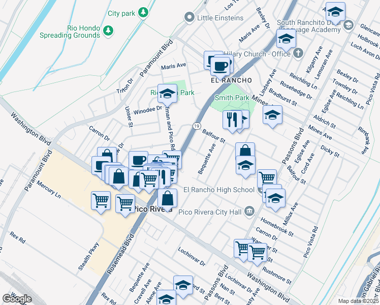 map of restaurants, bars, coffee shops, grocery stores, and more near 6426 Rosemead Boulevard in Pico Rivera