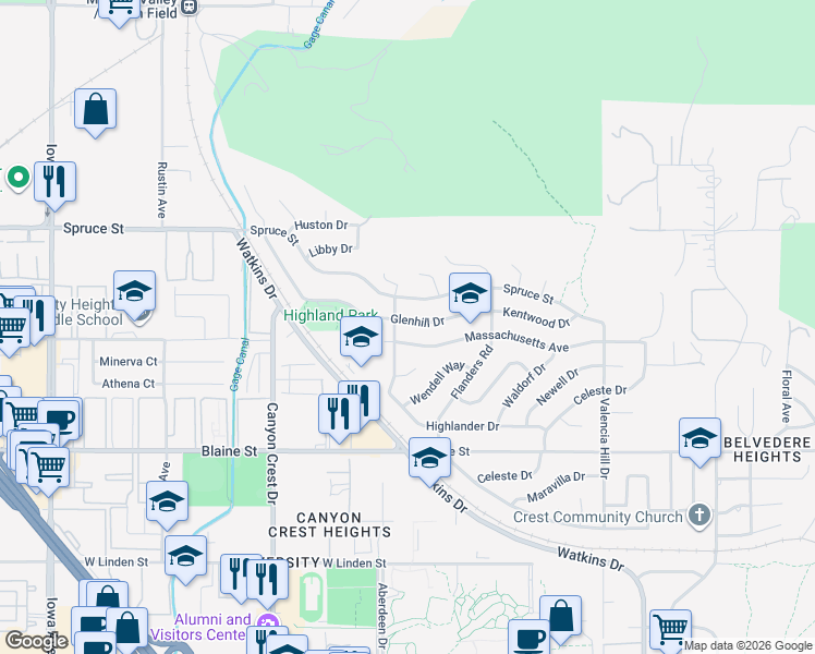 map of restaurants, bars, coffee shops, grocery stores, and more near 636 Glenhill Drive in Riverside