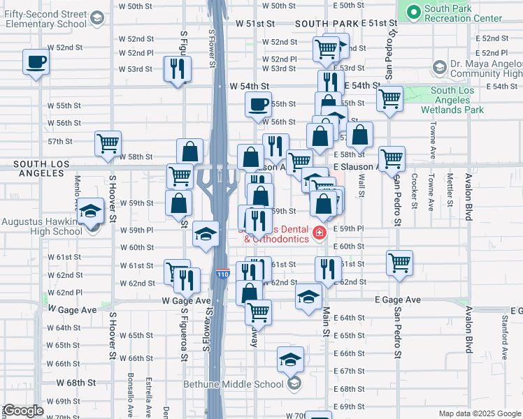 map of restaurants, bars, coffee shops, grocery stores, and more near 5894 South Broadway in Los Angeles