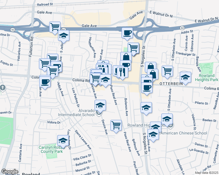 map of restaurants, bars, coffee shops, grocery stores, and more near 1719 Paso Real Avenue in Rowland Heights