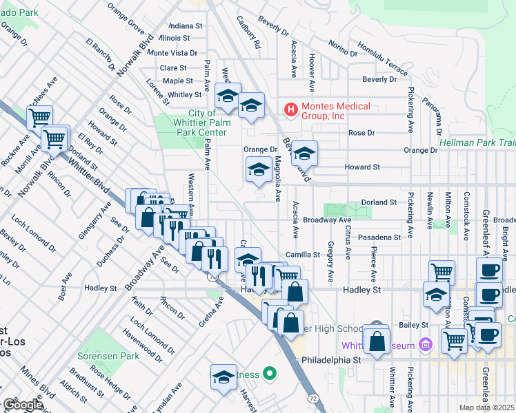 map of restaurants, bars, coffee shops, grocery stores, and more near 11724 Dorland Street in Whittier
