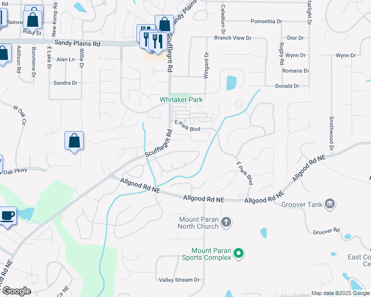 map of restaurants, bars, coffee shops, grocery stores, and more near 1495 Brentwood Drive in Marietta