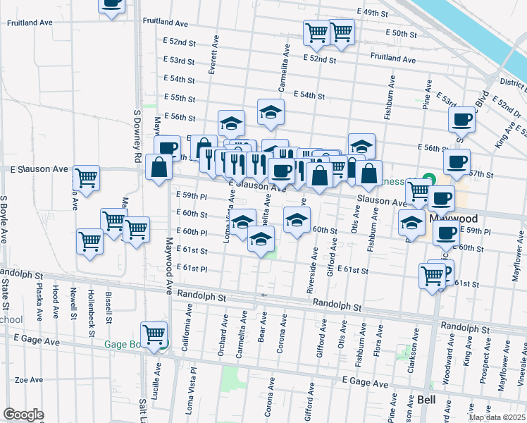 map of restaurants, bars, coffee shops, grocery stores, and more near 5961 Carmelita Avenue in Huntington Park