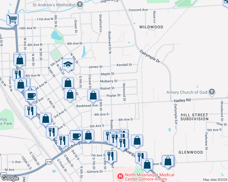 map of restaurants, bars, coffee shops, grocery stores, and more near 1002 Walnut St in Amory