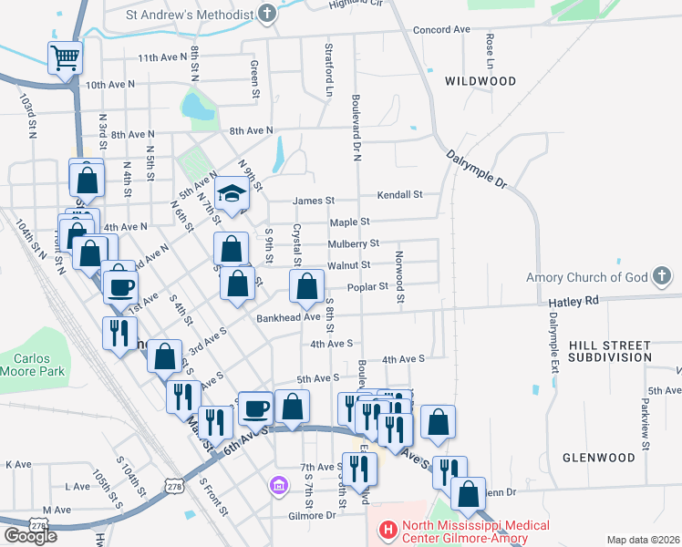 map of restaurants, bars, coffee shops, grocery stores, and more near 816 Walnut Street in Amory