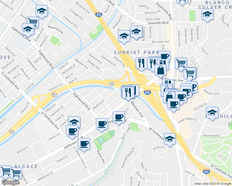 map of restaurants, bars, coffee shops, grocery stores, and more near 11814 Beatrice Street in Culver City