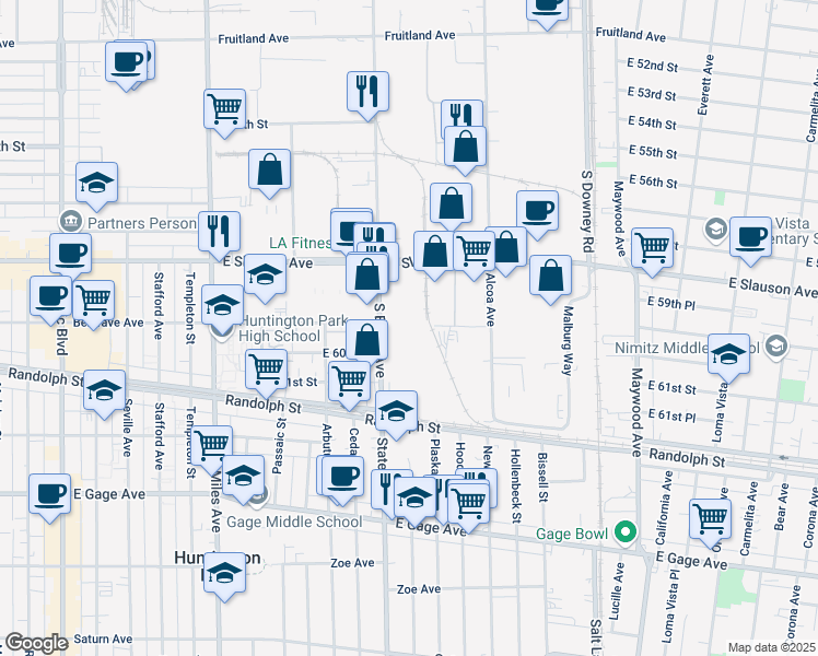 map of restaurants, bars, coffee shops, grocery stores, and more near 3100 E Slauson Ave in Vernon