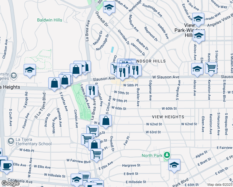 map of restaurants, bars, coffee shops, grocery stores, and more near 4500 West 59th Street in View Park-Windsor Hills