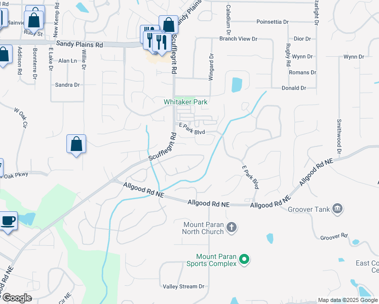 map of restaurants, bars, coffee shops, grocery stores, and more near 1495 Brentwood Drive in Marietta
