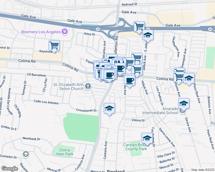 map of restaurants, bars, coffee shops, grocery stores, and more near 1751 Fullerton Road in Rowland Heights