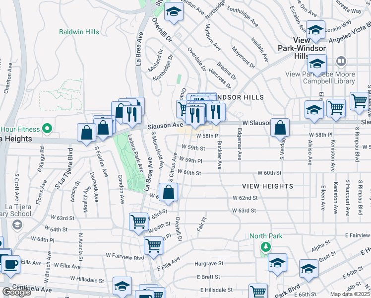map of restaurants, bars, coffee shops, grocery stores, and more near 4500 West 59th Street in View Park-Windsor Hills