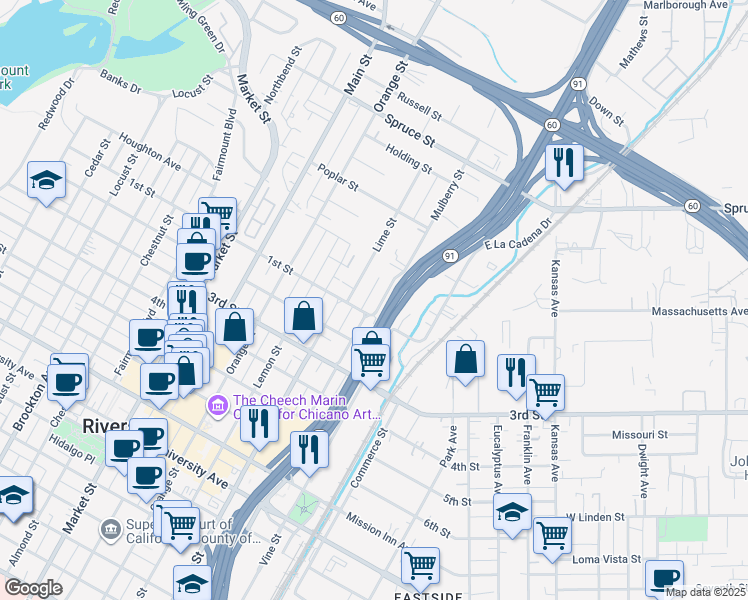 map of restaurants, bars, coffee shops, grocery stores, and more near 3049 Mulberry Street in Riverside