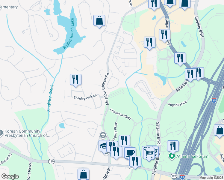 map of restaurants, bars, coffee shops, grocery stores, and more near 2564 Gadsen Walk Northwest in Duluth
