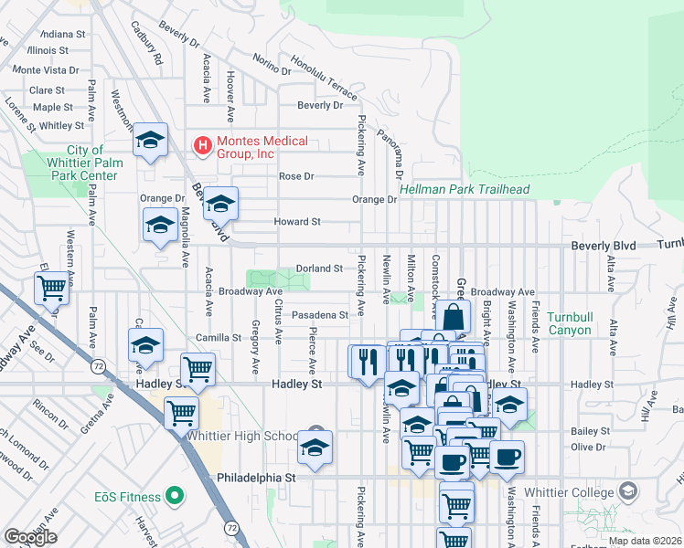 map of restaurants, bars, coffee shops, grocery stores, and more near 12514 Dorland Street in Whittier