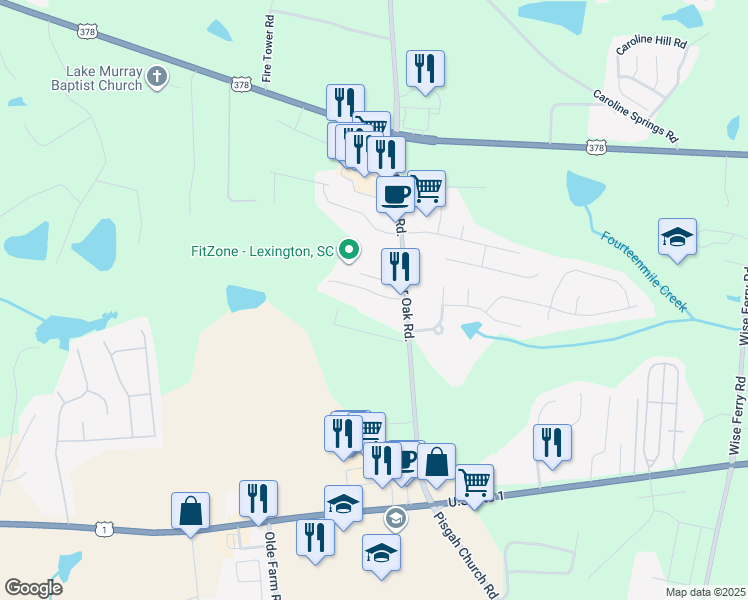 map of restaurants, bars, coffee shops, grocery stores, and more near 335 Charter Oak Court in Lexington