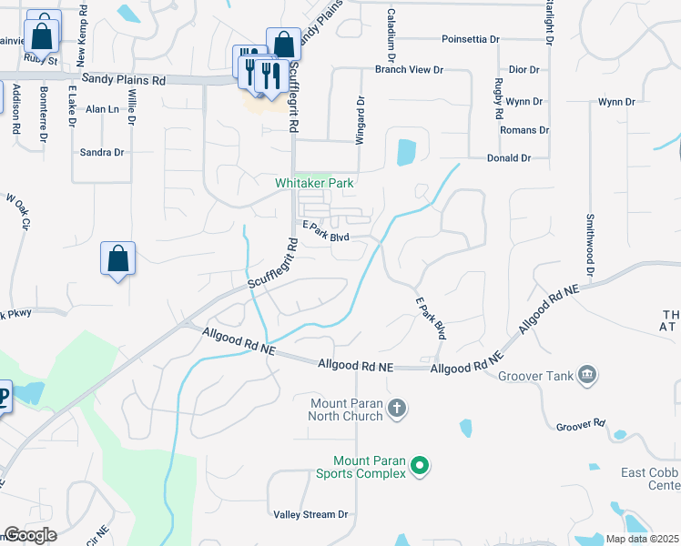 map of restaurants, bars, coffee shops, grocery stores, and more near 1511 Brentwood Drive in Marietta