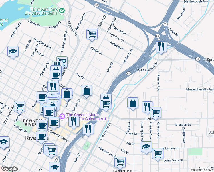 map of restaurants, bars, coffee shops, grocery stores, and more near 3049 Mulberry Street in Riverside