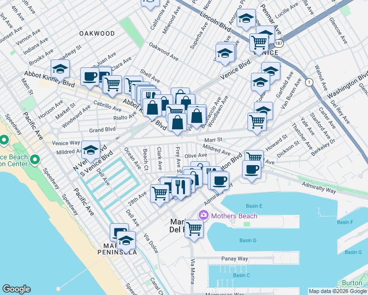 map of restaurants, bars, coffee shops, grocery stores, and more near 2321 Cloy Avenue in Los Angeles