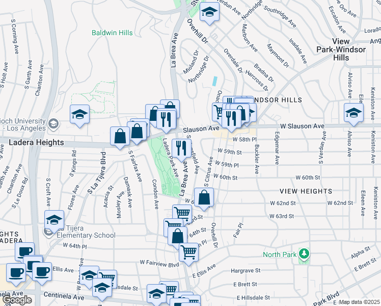 map of restaurants, bars, coffee shops, grocery stores, and more near 5859 South Mansfield Avenue in View Park-Windsor Hills