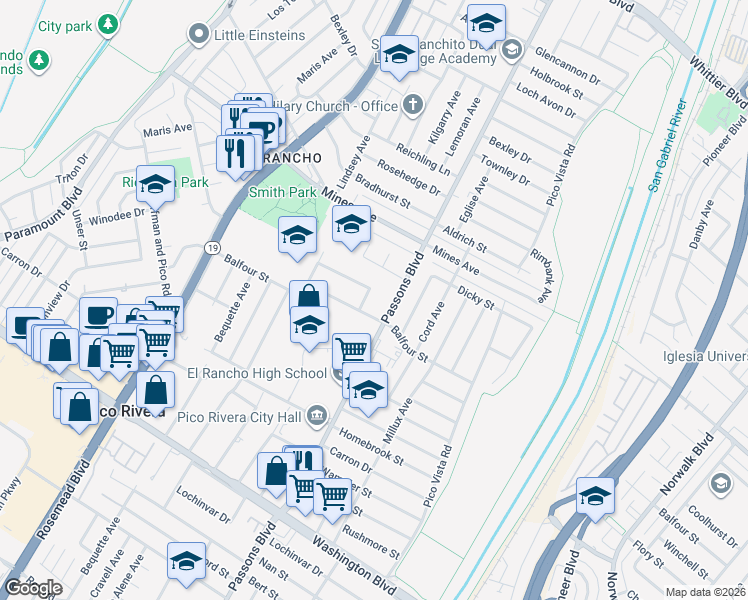 map of restaurants, bars, coffee shops, grocery stores, and more near 6210 Lemoran Avenue in Pico Rivera