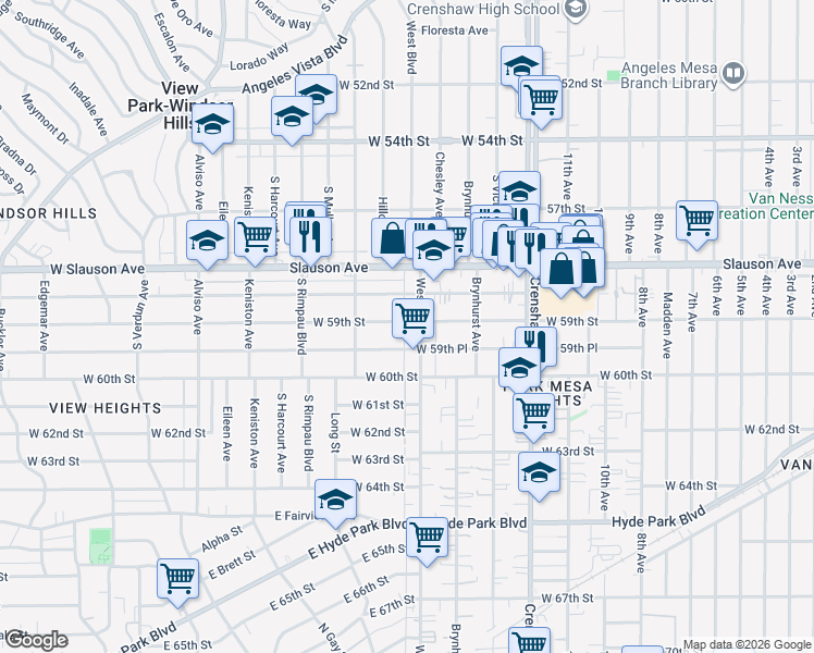 map of restaurants, bars, coffee shops, grocery stores, and more near 3634 West 59th Street in Los Angeles